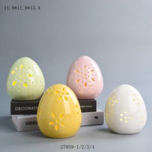 Easter Decorations: Colorful Ceramic Lighted Easter Egg, Farmhouse Rustic Hollow Easter Eggs Light Up Tabletop Statue