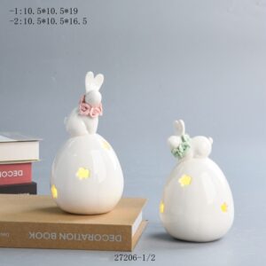 White Porcelain Easter Bunny Rabbits Figurine with LED