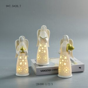Indoor White Ceramic Angel Statue With Led Lighted Porcelain Angel