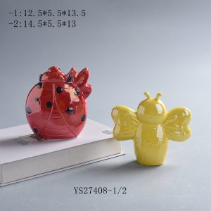 Set of 2 Gloss Ceramic Bug Figurines, Red Ladybug & Yellow Bee Spring Cottagecore Table Decor