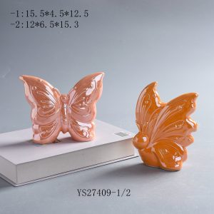 Set of 2 Gloss Ceramic Butterfly Figurines, Blush Pink & Orange Embossed Butterfly Spring Table Decor