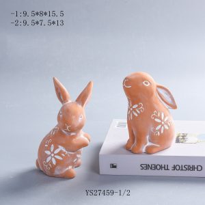Set of 2 Terracotta Floral Bunny Figurines for Spring & Easter Decor