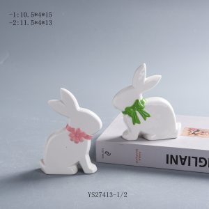 Set of 2 Flat Silhouette White Ceramic Bunny Figurines with Pink Flower & Green Bow, Minimalist Easter Spring Table Decor