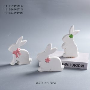 Thin Flat Ceramic Bunny Silhouette Decor with Flower & Bow, Cottagecore Spring Mantel Home Decoration Set
