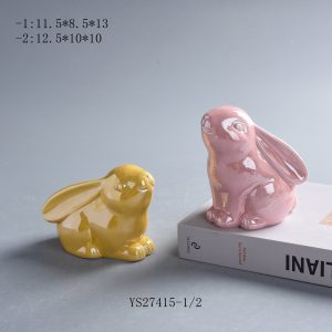 Set of 2 Gloss Pastel Ceramic Bunny Figurines, Yellow & Pink Sitting Rabbit Statues for Easter Spring Farmhouse Decor