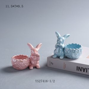 Set of 2 Pastel Gloss Ceramic Bunny Trinket Holders with Egg Shape Bowl, Easter Spring Jewelry Storage Decor