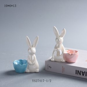 Set of 2 Gloss White Ceramic Bunny Figurines with Pastel Flower Trays, Easter Spring Table Storage Decor