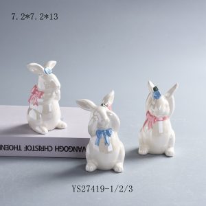 Set of 3 Gloss Ivory Ceramic Bunny Figurines with Bow & Flower, Cute Easter Spring Cottagecore Table Decor