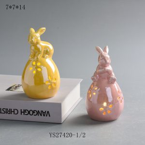 Hollow Flower Cutout Ceramic Rabbit Egg Light Figurines, Cute Luminous Easter Tabletop Decor Set of 2