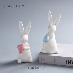 Minimalist White Glazed Rabbit Statues Holding Heart & Pastel Egg, Farmhouse Tiered Tray Easter Ornament Set