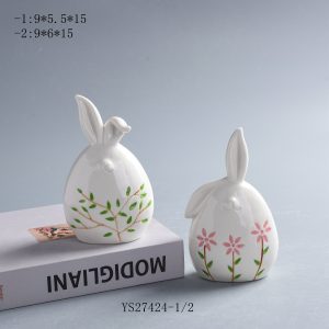 White Glazed Egg Shape Floral Rabbit Decor Set of 2, Cottagecore Spring Tabletop Home Ornaments