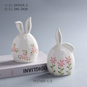 White Glazed Egg Shape Floral Rabbit Decor Set of 2, Cottagecore Spring Tabletop Decoration