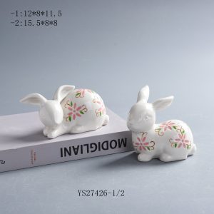 Cute Resting Pink Flower Ceramic Rabbit Statue Set of 2, Cottagecore Tiered Tray Spring Ornaments