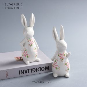Hand-Drawn Floral White Glazed Tall Bunny Figurines for Spring Home Tiered Tray Decor