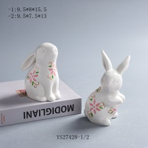 Set of 2 Gloss White Hand Painted Floral Ceramic Bunny Figurines | Spring Easter Farmhouse Table Decor