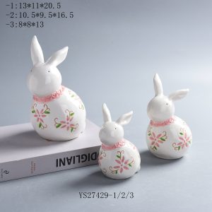 Set of 3 Glossy White Hand Painted Floral Ceramic Bunny Figurines, Spring Easter Farmhouse Table Decor