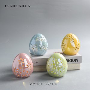 Set of 4 Small Pastel Glazed Ceramic Easter Egg LED Lights, Hollow Floral Cutout Spring Decor