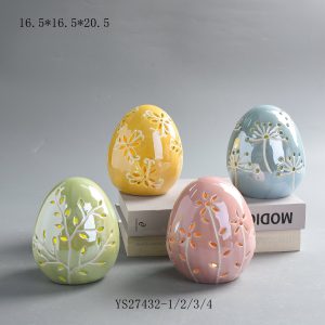 Large Glossy Ceramic Easter Egg Lamps with Warm Glow, Embossed & Cutout Floral Ornaments Set of 4