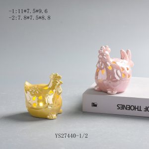 Ceramic Hen Tealight Holders with LED, Glazed Hollow Chicken Figurines for Seasonal Decor