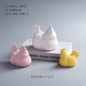 White, Pink & Yellow Plump Ceramic Rooster Ornaments, Rustic Farm Animal Decor Trio