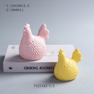 Cute Pink & Yellow Textured Ceramic Rooster Ornaments, Rustic Farm Animal Decor Set