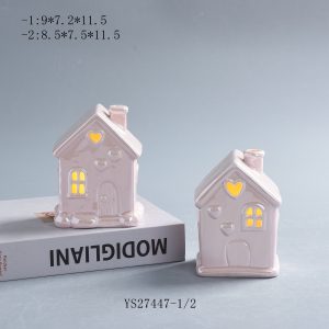 Pastel Pink Mini Cottage LED Night Light with Heart Hollow Window, Romantic Home Ornament Set