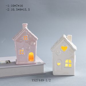 Glossy Glazed Mini Cottage Lamp with Warm LED Glow, Hollow Heart Window House Ornament