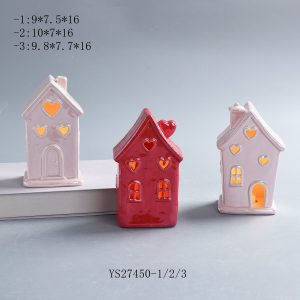Valentine’s Day Ceramic House Lamp Set, Heart Cutout Glowing Home Decor for Shelf & Tabletop