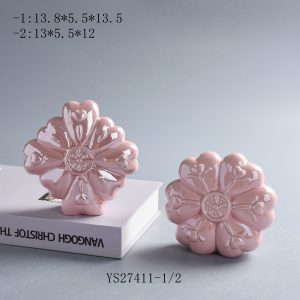 Set of 2 Gloss Blush Pink Heart Petal Ceramic Flower Figurines, Romantic Spring Valentine Table Decor