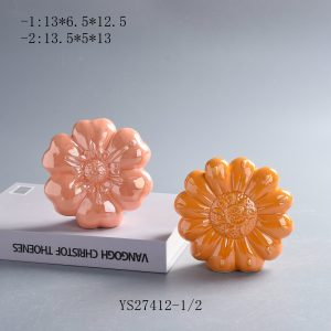 Glossy Embossed Ceramic Flower Decor Set of 2, Warm Pastel Floral Spring Shelf Decoration